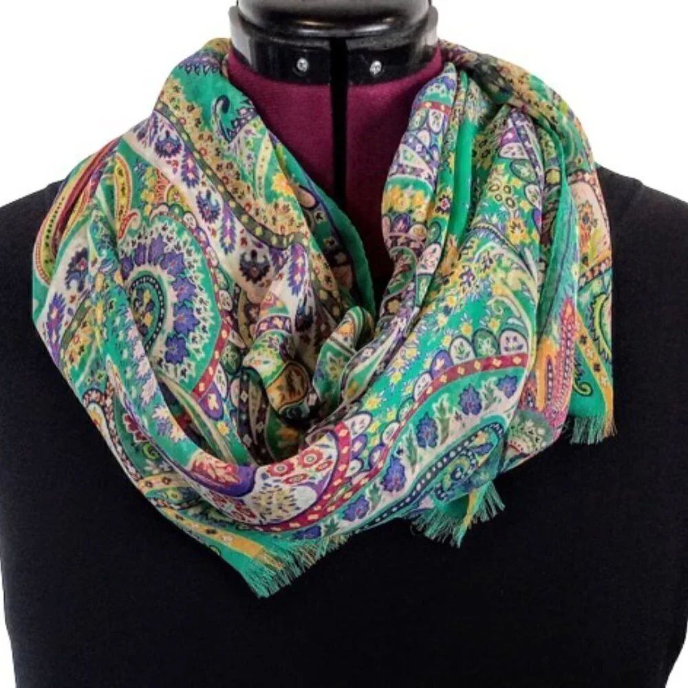 Etro Sheer 100% Silk Chiffon Fringed Oblong Scarf Wrap